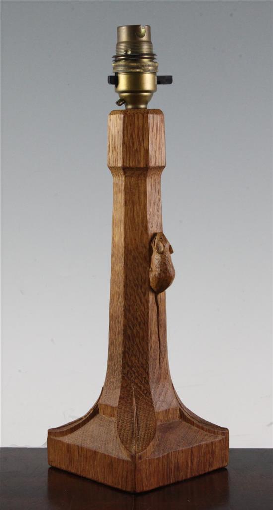 A Robert Thompson Mouseman carved oak table lamp, height to fitting 10in.